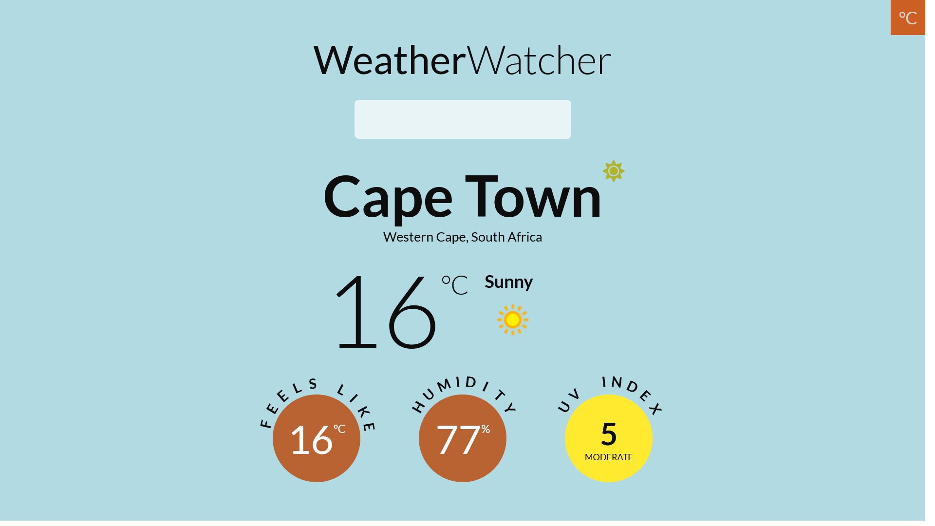 WeatherWatcher. A weather forecast app built using React and FreeWeatherAPI.
